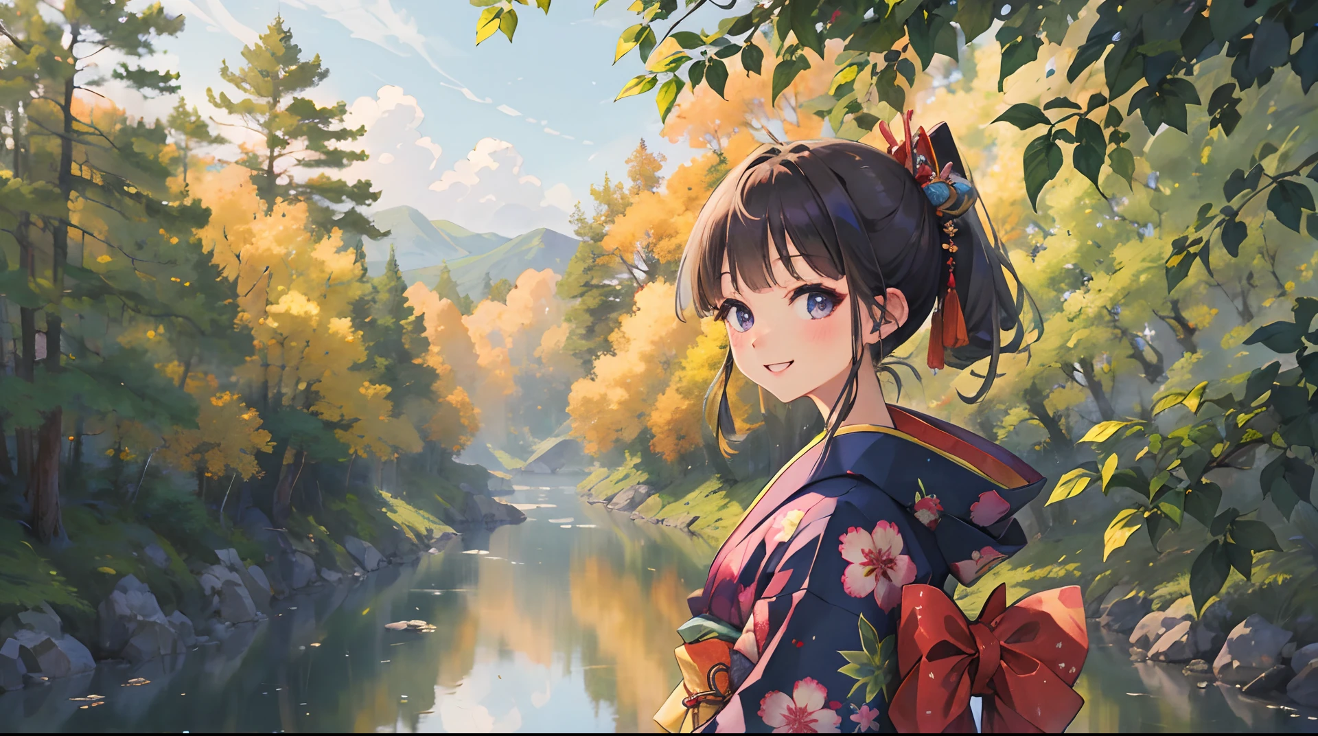 masterpiece, highres, best quality, 1girl solo, kamisato_ayaka, smile, kimono