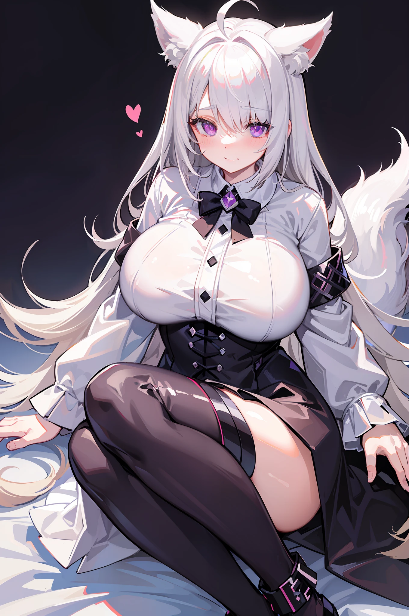 Blush, ((((White color blouse)))),  black long boots, ((((Huge white furry tail)))), (on top of the bed), Reclining, D-cups, White hair, ahoge,((hair covering one eye)), Heart-shaped pupils, Purple eyes, Fox ears, Evil smile, Seductive smile, hearts in eyes, torogao, Reflectors, Yandere, anime big breast, Chiaroscuro, Ray tracing, shadowing, hyper HD, Masterpiece, Accurate, Anatomically correct, Textured skin, Super detail, High details, High quality, Award-Awarded, Best quality, A high resolution, 16k，(There is love around you)，Tempting