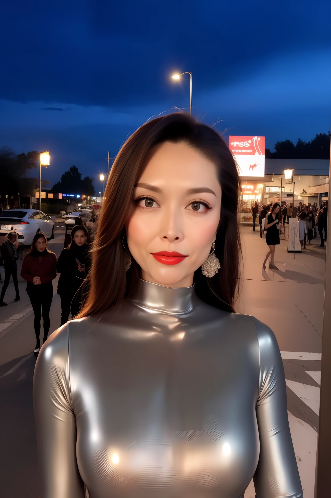 Woman posing in liquid metal body painting on street corner at night, of the highest quality, High resolution, 8K, girl, 1 person, (Huge breasts), Daytime, Bright, plein air, (Street: 0.8), (People, Large crowds: 1), (Heavy, Fat body: 1.4), ( plus size model), makeup, (lip stick: 1.1), (eye line: 1.2), mascara, eyeshadows, , Thin dress: 1.5, High Neck Dresses: 1.5, ), Gorgeous, (Medium Hair), Beautiful detailed sky, Beautiful earrings, (Dynamic Pose: 0.8), (Upper body: 1.2), Soft lighting, Wind, Shiny skin, Gaze,