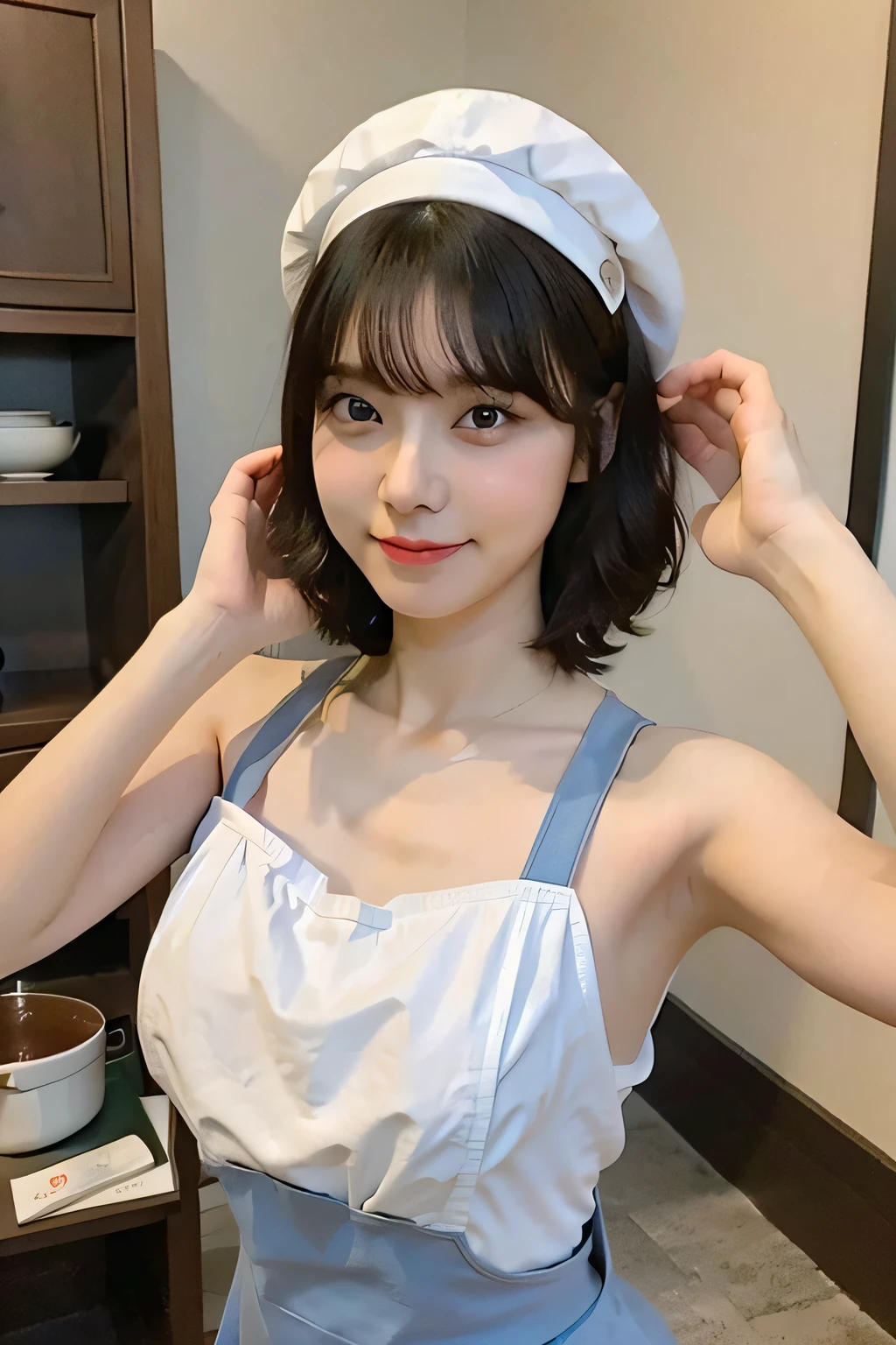 ,A woman cooking、(kitchin_aprons:1.Wear 3)、 face， a baby face，short detailed hair， Slender beauty:1.3,、4K、A high resolution、tmasterpiece、top-quality、wear cap:1.3、、Fine skin、sharp focus、(lighting like a movie)、Soft lighting、[:(Detailed face:1.2):0.2]、huge weat runs down the skin:1.2、 Cute smile　Viewer's perspective　Colossal tits　Sleeveless cleaning　　wide々