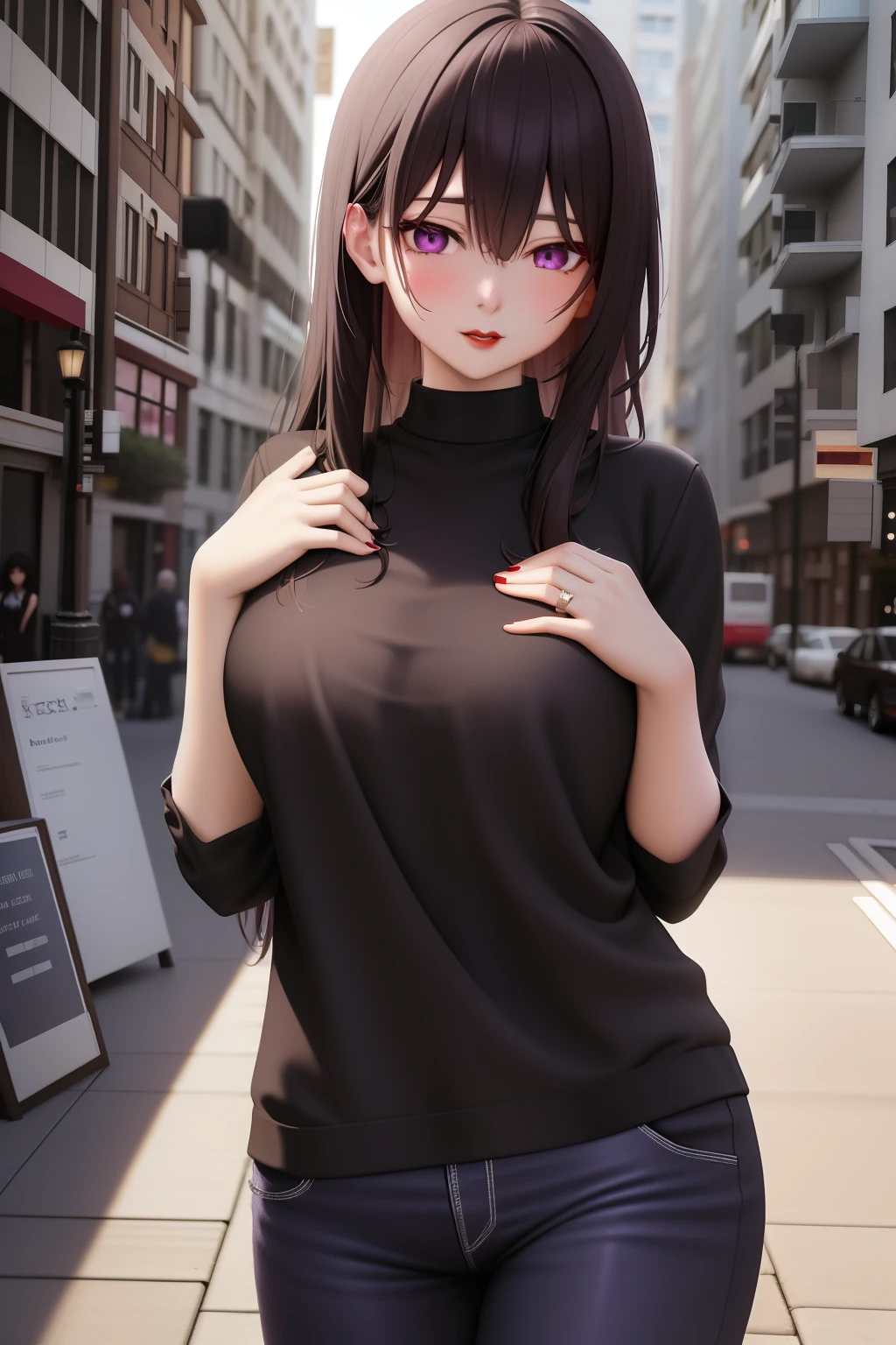 Anime girl with long hair and purple eyes standing on sidewalk, Smooth anime CG art, Realistic anime 3 D style, attractive anime girls, photorealistic anime girl rendering, realistic anime artstyle, Photorealistic anime, 3 d anime realistic, seductive anime girls, in a city street, Realistic young anime girl, Beautiful anime girl, Anime moe art style, Cute anime girl，Red lips，