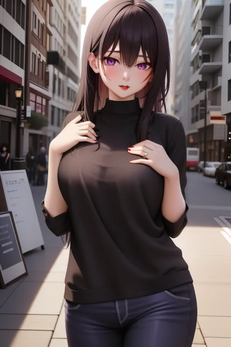 Anime girl with long hair and purple eyes standing on sidewalk, Smooth anime CG art, Realistic anime 3 D style, attractive anime...
