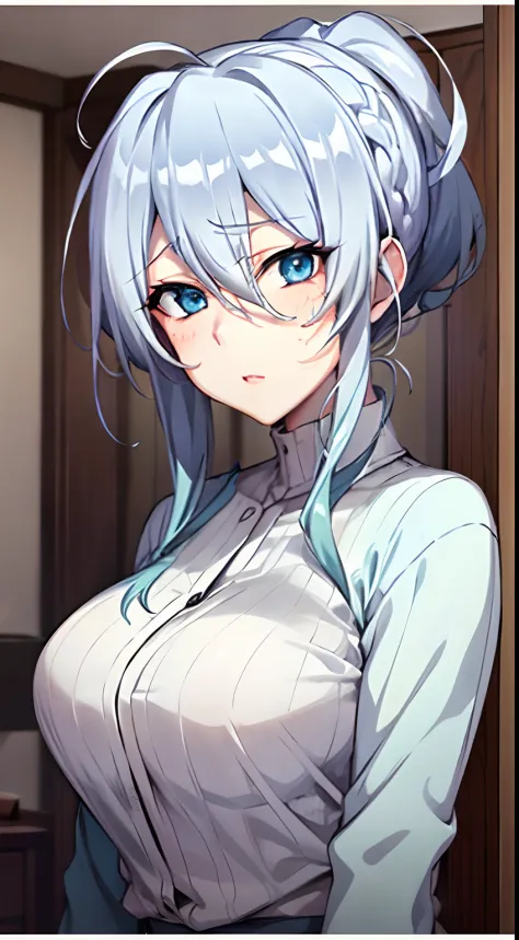 Yukino, in bed, silver hair and  blue eyes, light shirt and no bra, anime visual of a cute girl, screenshot from the anime film,...