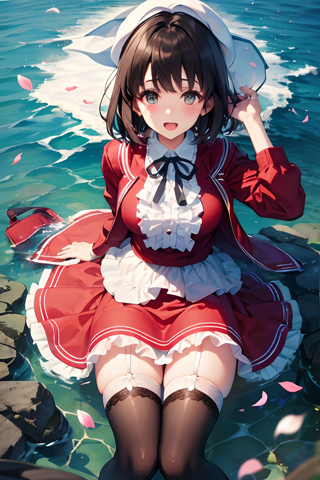 (masterpiece:1.6, best quality), (finely detailed beautiful eyes: 1.2), ph_katou, katouhdlong, solo, brown hair, hat, thighhighs, short hair, brown eyes, hat removed, dress, headwear removed, white thighhighs, white dress, holding hat, frilled thighhighs, bangs, open mouth, frills, red jacket, jacket, zettai ryouiki, petals, ribbon, holding, white headwear, blush
, lying on water, ocean, bay, (full body),