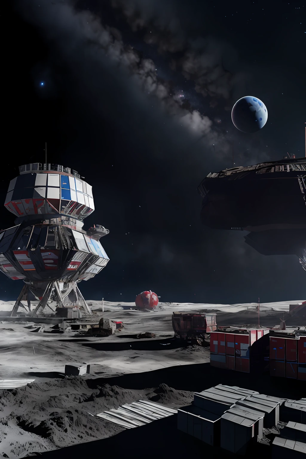 AI Construction Yard, Base on the Moon, Background - stars and planets, Russian flag, Painted white, blau, red colors; photorealistic, hdr, raw photo, 8k, masterpiece, high detailed, dramatic lighting,cinematic lighting