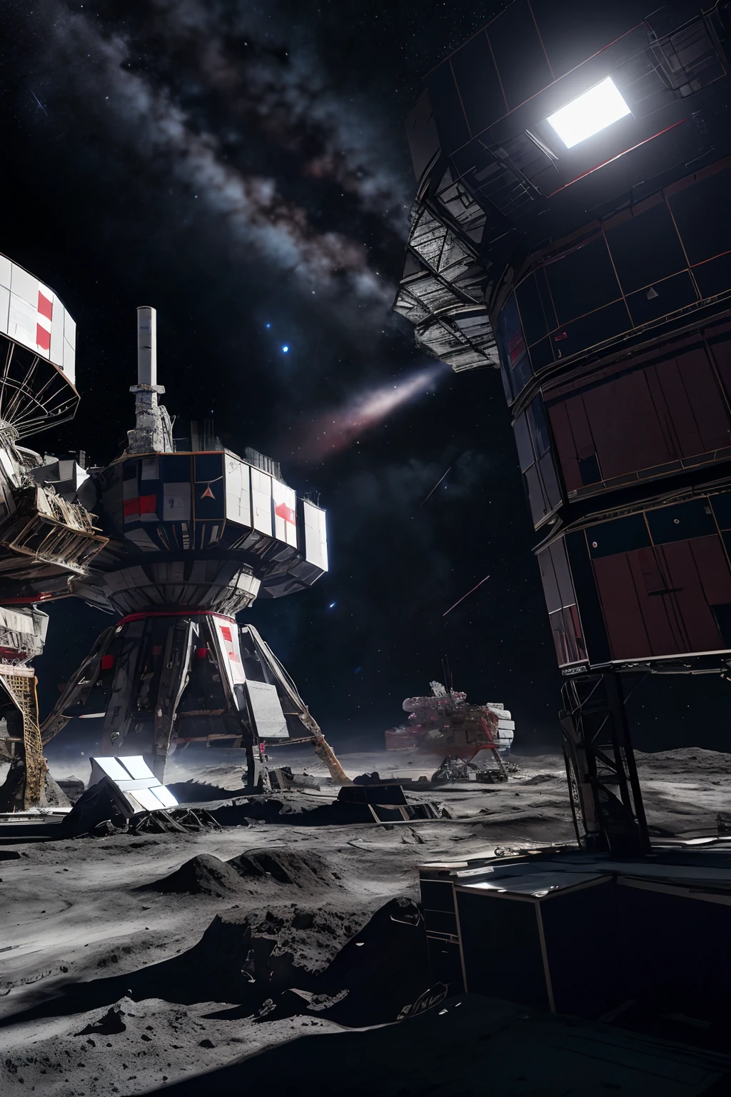 AI Construction Yard, Base on the Moon, Background - stars and planets, Russian flag, Painted white, blau, red colors; photorealistic, hdr, raw photo, 8k, masterpiece, high detailed, dramatic lighting,cinematic lighting