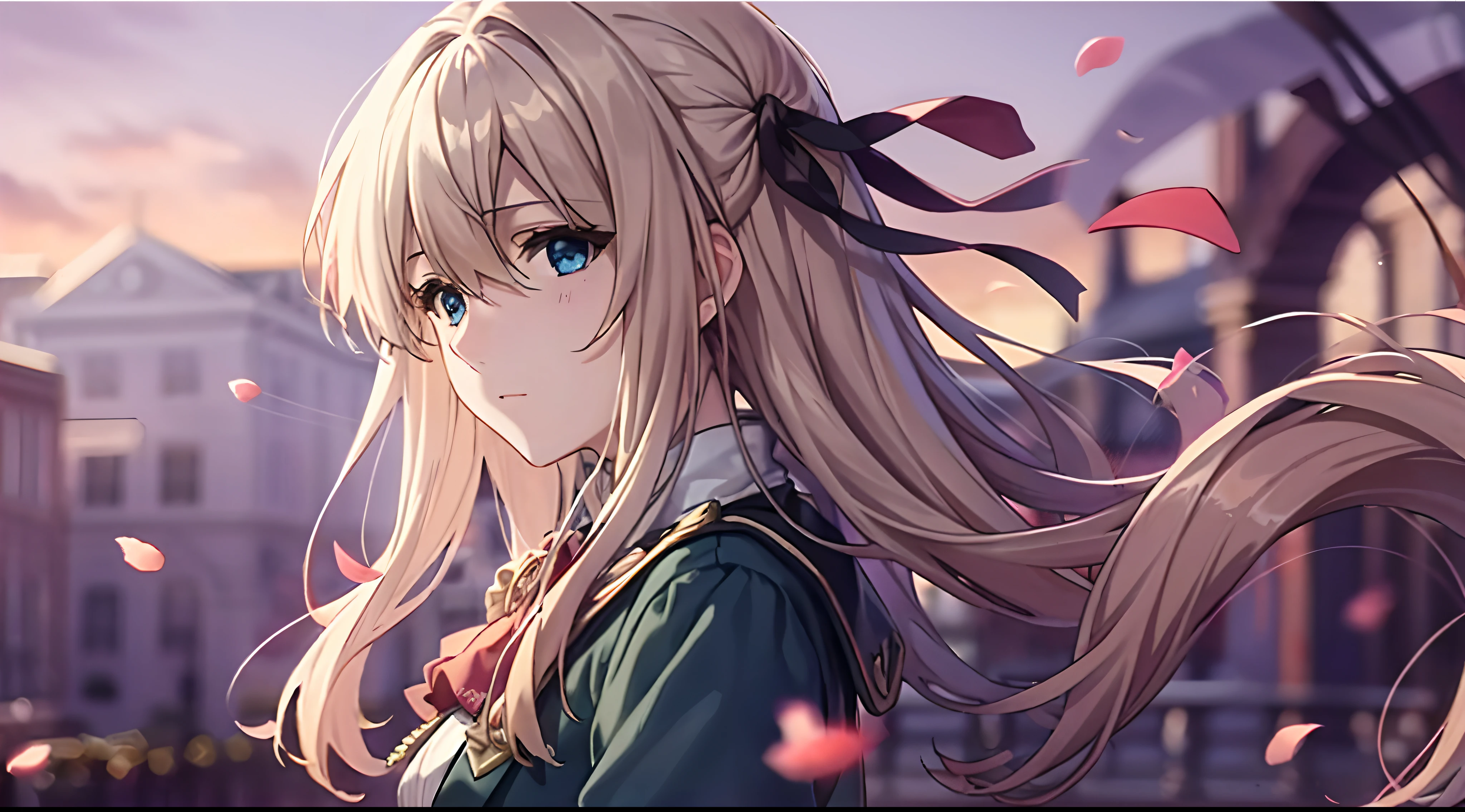 (Dynamic Angle:1.3),ventania,Movie highlights,Tyndall effect,1girll,Upper body,raised arm,view the viewer, , Extreme closeup,Violet_evergarden, Solo, jewelry, Expressionless,corsage, Blonde_Hair, Messy_Hair, Fluttering hair length_Sleeves, ribbon, Blue_Eyes, Jacket, dress, Pedras preciosas, Hair_ribbon,sky, Depth_af_Field, purple flower field, flying purple petal,Motion blur,From the side Side, Masterpiece,