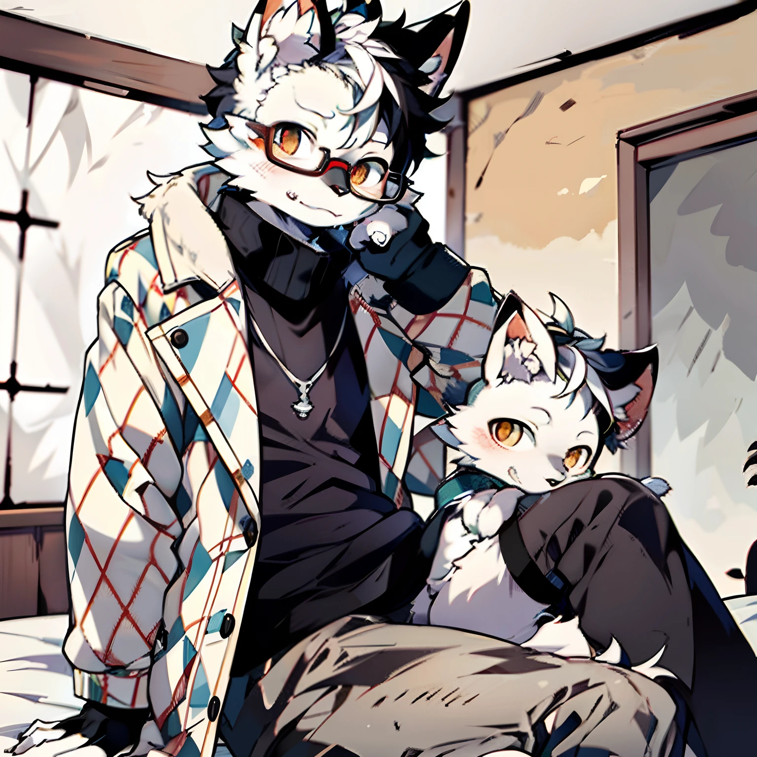 Furry, male arctic fox, gray fur, golden eyes, wearing single-rimmed glasses, artist, wearing a trench coat and berets, sitting in a room, natural color, detailed background