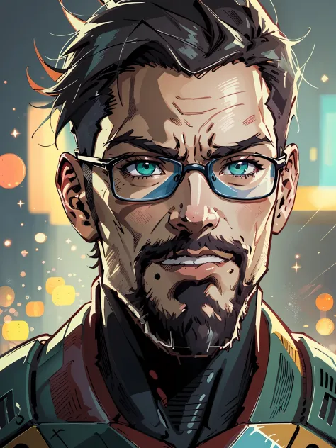 High quality portrait of Gordon Freeman from HL2. Art by Makoto Shinkai, Crunchyroll, pixiv, danbooru, HD, headshot, cinematic s...