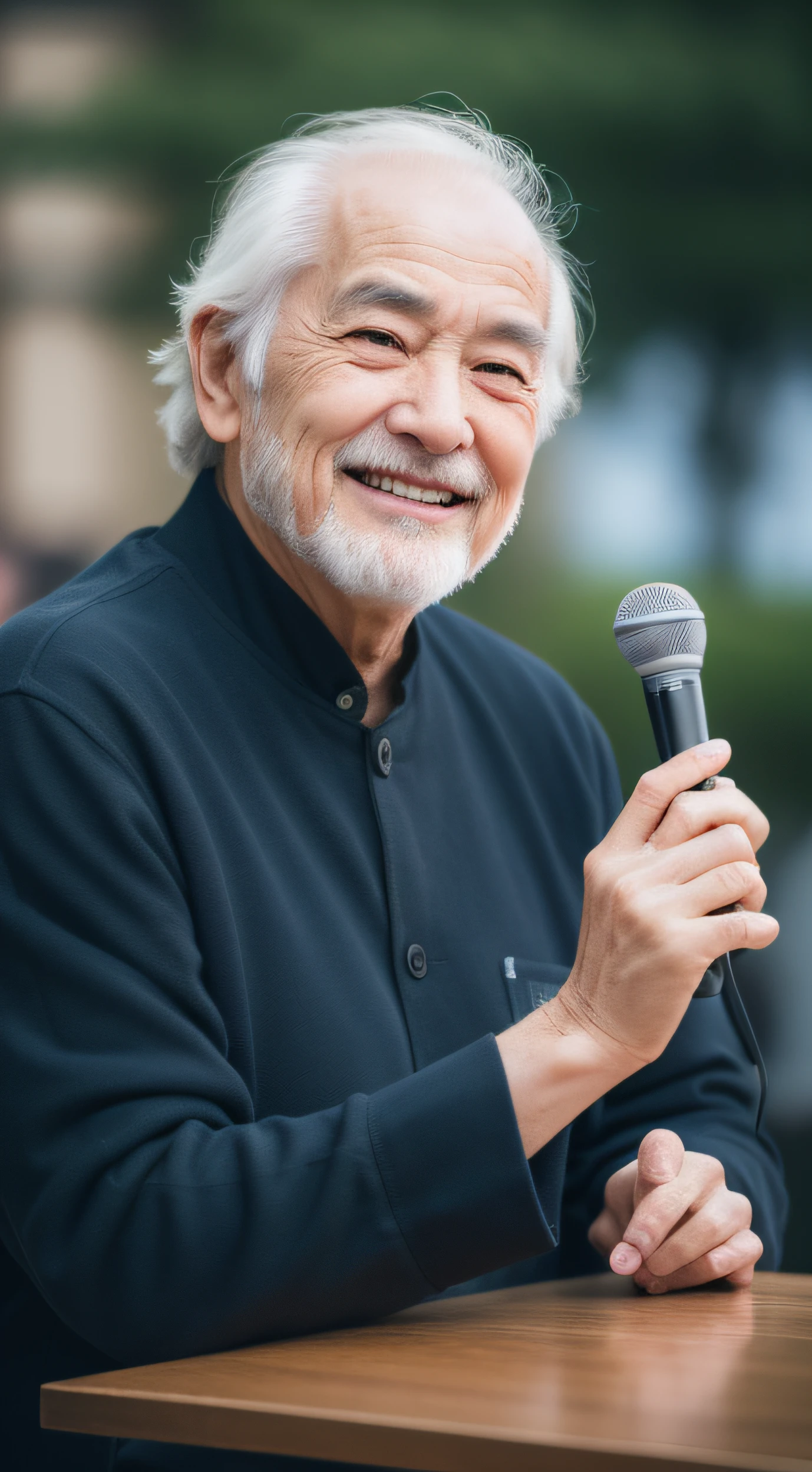 1人, old man,Detailed face,Detailed eyes,Detailed hands,((Photorealistic:1.4)), Best quality, Masterpiece, illustration, Extremely detailed ,3D,CG ,Realistic,Real,Unity ,8K wallpaper, Masterpiece,Best quality,hugefilesize, Ultra-detailed, A high resolution, Extremely detailed,Podium,speech,Outdoors,standing on your feet，Face forward，Visually inspect the audience，ssmile