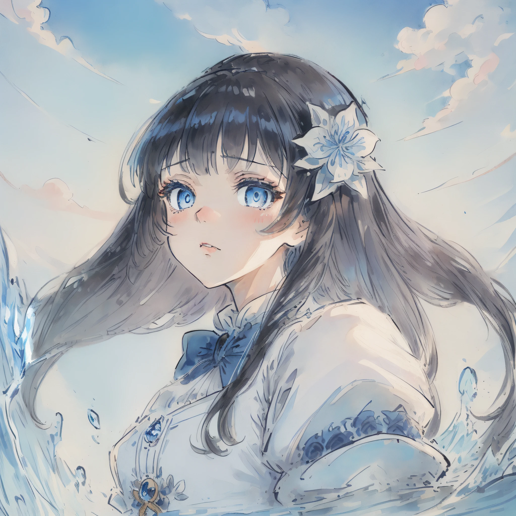 Anime girl with long hair and blue eyes in the water - SeaArt AI