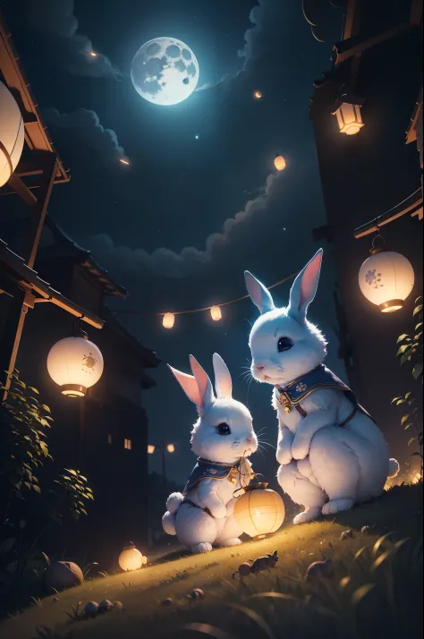 1 The great moon hangs above the sky,Under the light blue beautiful night sky, There are 3 cute rabbits happily eating mooncakes on the grass，There are glowing fireflies in the sky，There are glowing lanterns on the ground。The illustration is a high-definit...