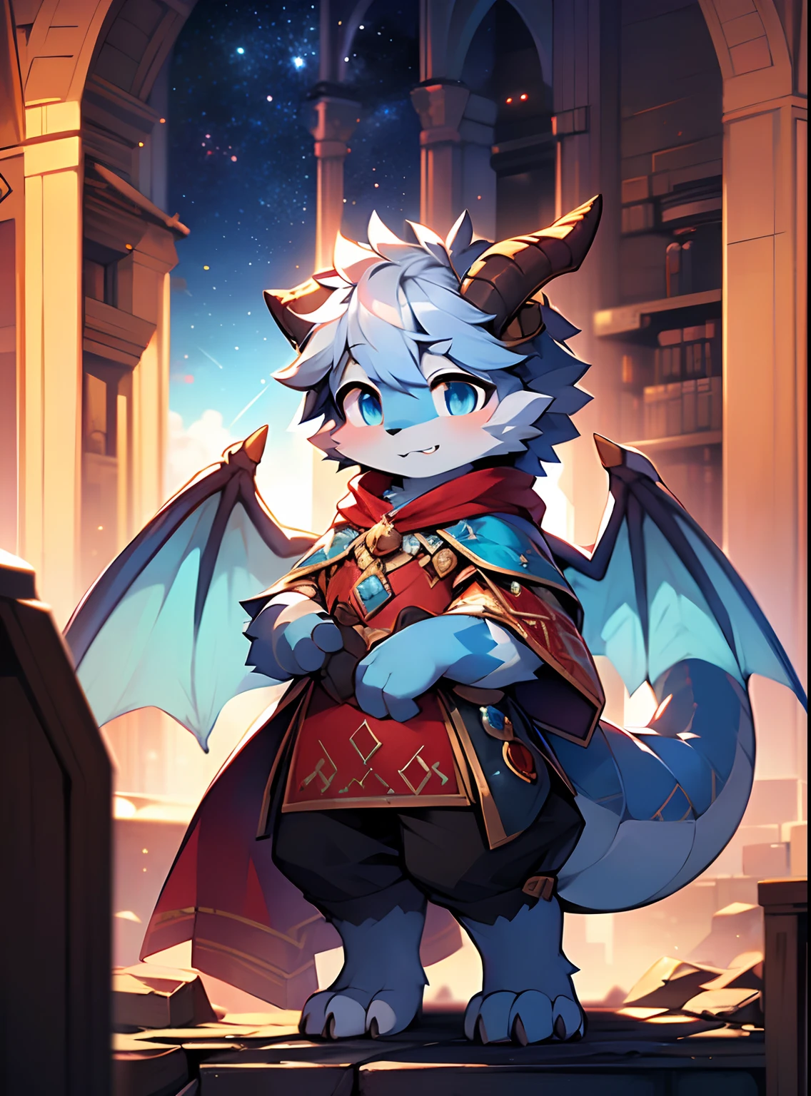 Bright environment, high quality, (toddler, dragon, neutral, animal: 1.4), absurd res, digital painting \ (artwork), (dragon, fluffy fur, character focus: 1.3), short hair, portrait, bright eyes, left eye red, right eye blue, (short dragon horn: 1.3), panorama, (character focus: 1.3). (detailed background: 0.9), solo, furry, furry neutral, neutral focus, standing, (full body fur, furry tail, red and blue fur, red and blue eyes, gray hair: 1.3), (small wings: 1.5), (long canine teeth: 1.0), king, (red cloak: 1.1) (towers of god, blue towers, violet, blue, red, god, red sky, violet sky, starry sky, stars, starry towers, starry god, light blue, civilization, order:1.3), (magic array: 1.5), (magic particles, magic: 1.3), (face details, hand details, foot details, ear details: 1.1), better movements, High cold