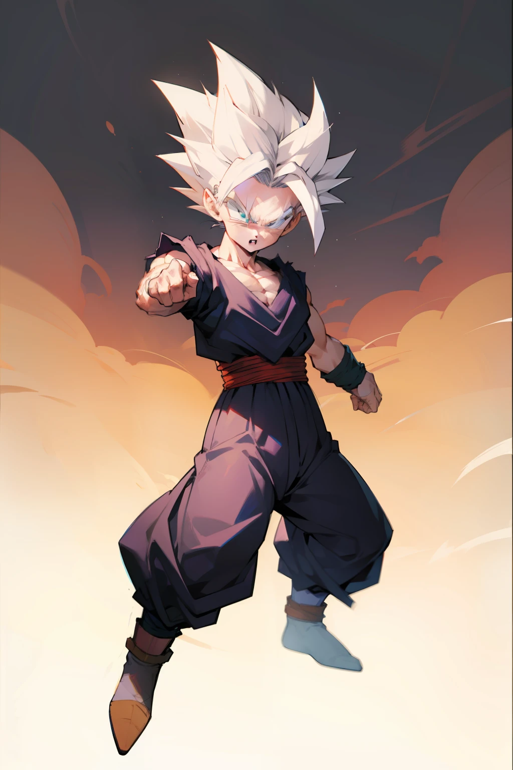 gohan, dragon ball, super saiyan, White hair, fighting pose, 1boy, full body