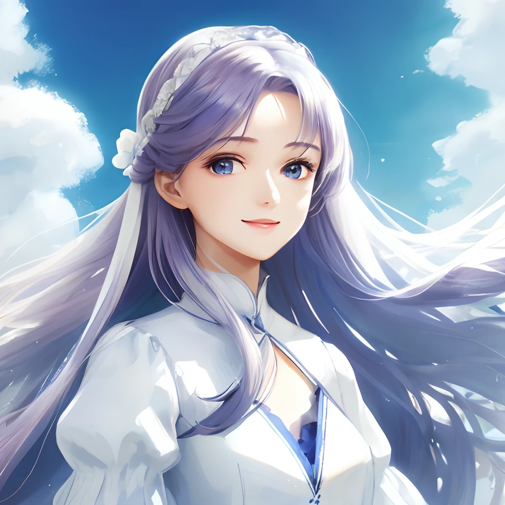 with blue sky and white clouds，A girl in a white dress，full bodyesbian，Ethereal and dreamy，Gorgeous Hair in Long Purple，ssmile，exquisite facial features，high-definition picture quality，Works of masters，Outstanding quality