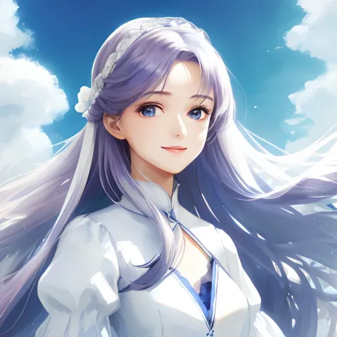 with blue sky and white clouds，A girl in a white dress，full bodyesbian，Ethereal and dreamy，Gorgeous Hair in Long Purple，ssmile，e...