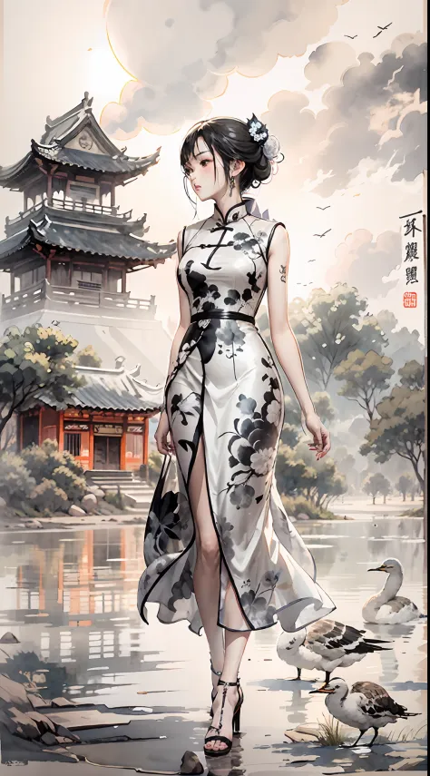ink and watercolor painting，ink，water ink，（black, White and gray：1.5），（Cheongsam beauty：1.4），Modern cheongsam，high-heels，the setting sun，Wild geese in the sky in the distance，Ancient buildings are scattered，Works of masters，super-fine，high qulity，8K分辨率