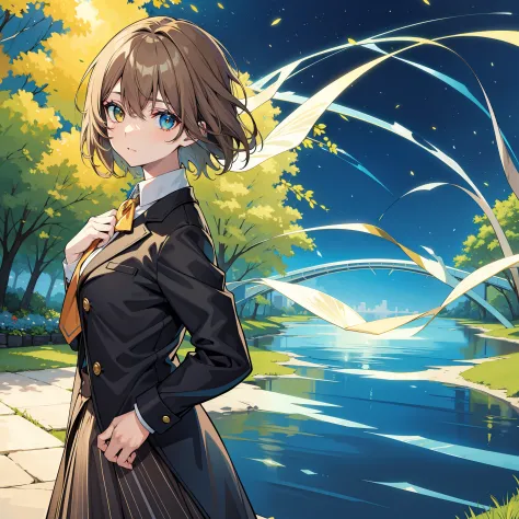 masterpiece, best quality, ultra glowing pond, straight hair, short hair, light brown hair, heterochromia eyes, detective outfit