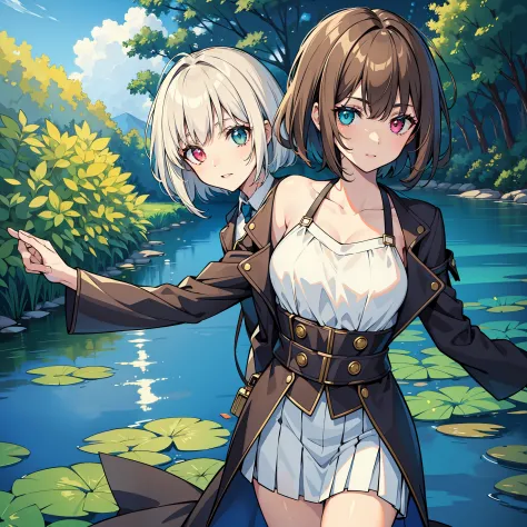 masterpiece, best quality, ultra glowing pond, straight hair, short hair, light brown hair, heterochromia eyes, detective outfit