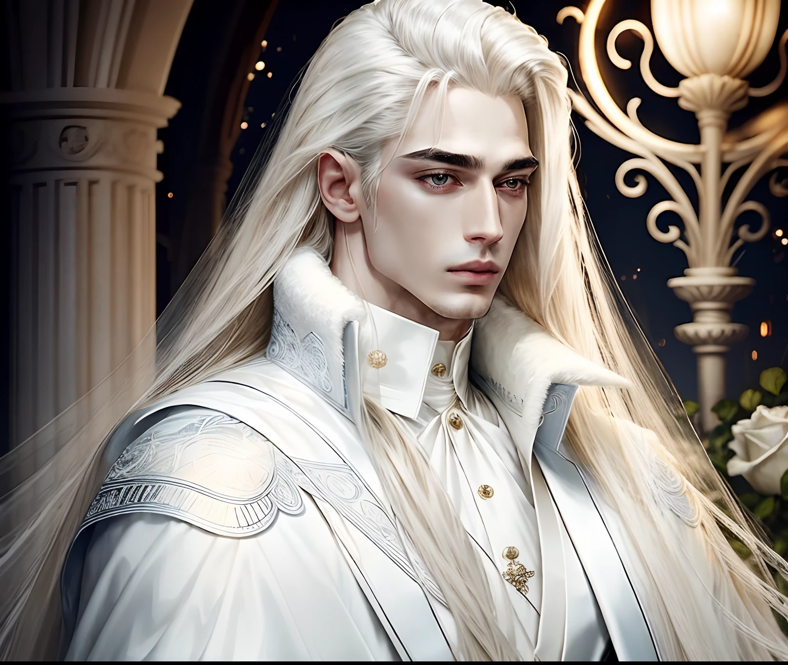 masterpiece, highest quality, (solo), (perfect face:1.1), (high detail:1.1), (hyper detailed eyes), dramatic, 1guy, (pale skin), long white hair, ethereal eyes, (light eyebrows), solo, long hair, sephiroth, moon, night, white luxury suit, pouty lips, fur, proud expression, garden, detailed background, art by artgerm, cinematic lighting, roses, fashion, BalenciagaStyle