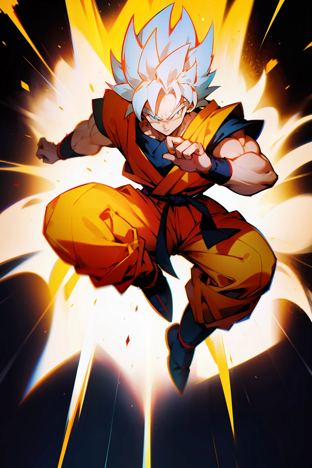 Son Goku, esfera del dragón, Super Saiyan, pelo blanco, pose de pelea, 1 chico, cuerpo completo,