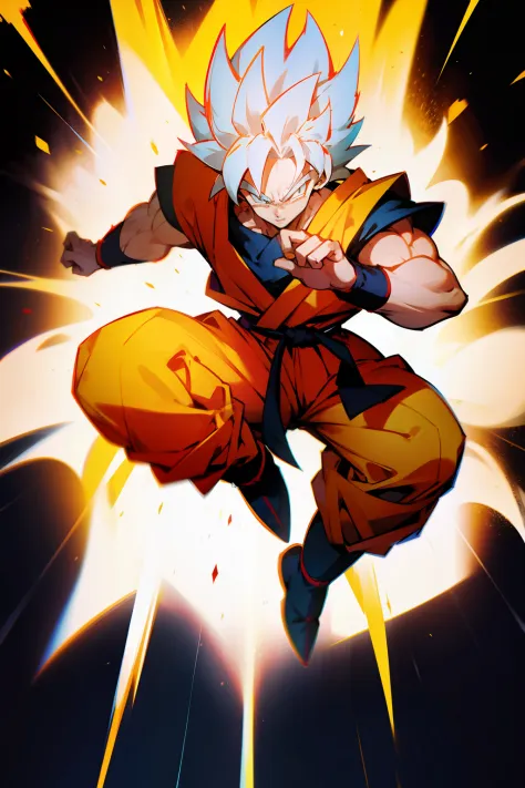 Son Goku, dragon ball, super saiyan, White hair, fighting pose, 1boy, full body,