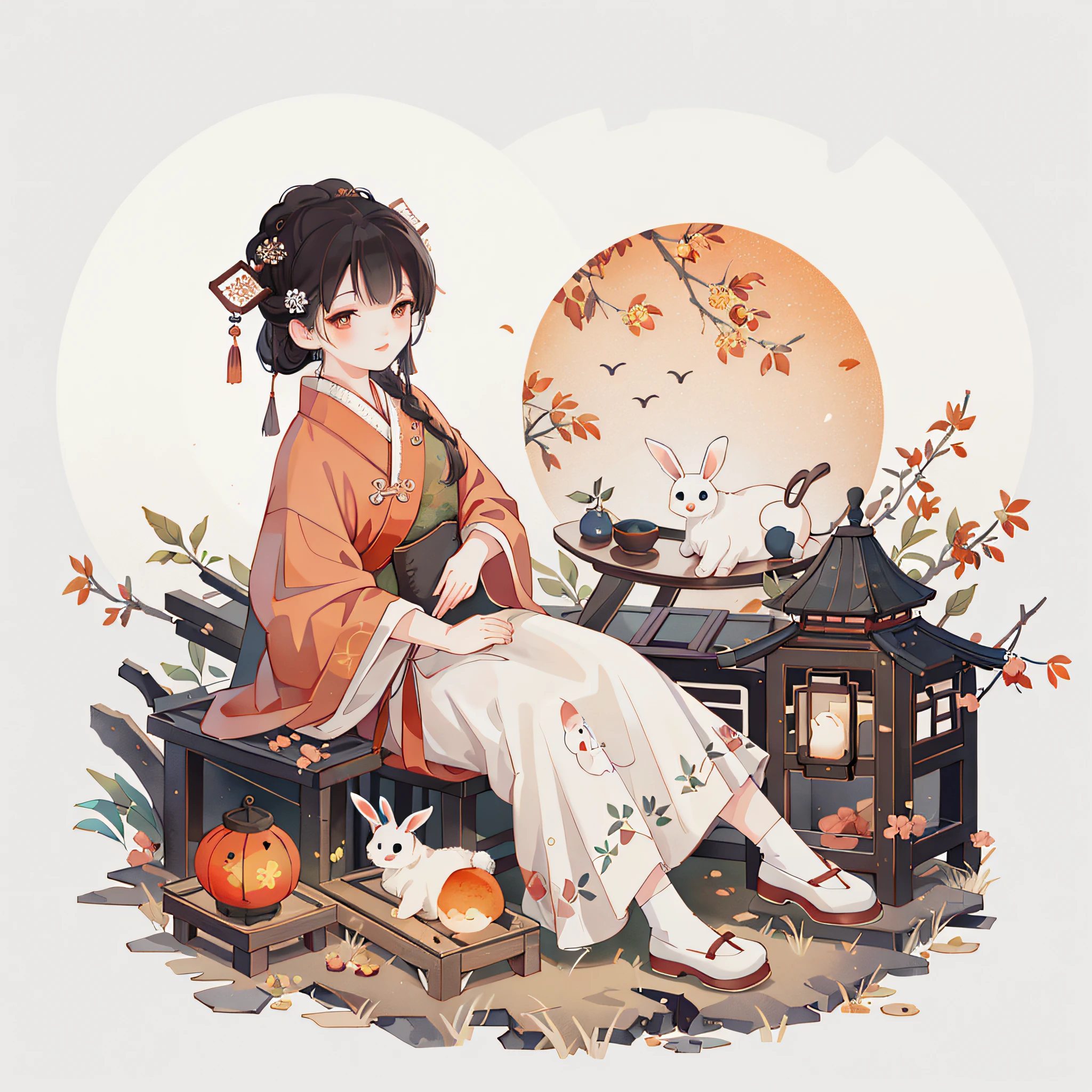 （A rabbit：1.4）, sat on the ground, Looking up, Mid-Autumn Festival atmosphere, Traditional Chinese illustration style, Digital art, Simple background, A masterpiece on white background, Best quality, Ultra-detailed, High quality, 4K