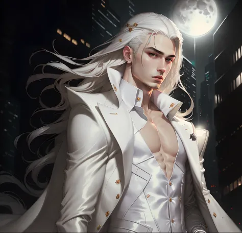 masterpiece, highest quality, (solo focus), (perfect face:1.1), (high detail:1.1),dramatic, 1guy, (pale skin), long white hair, ...