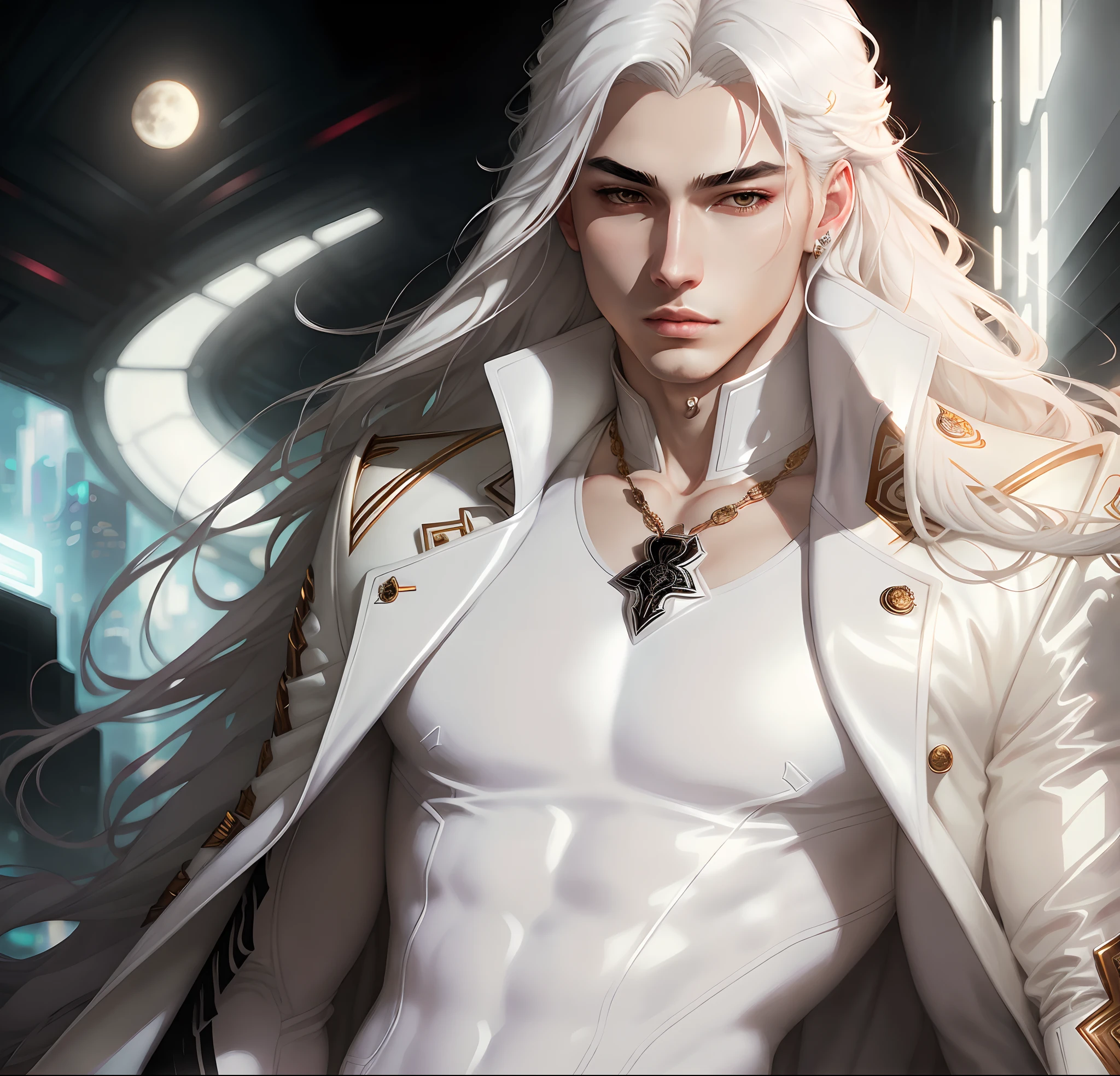 masterpiece, highest quality, (solo focus), (perfect face:1.1), (high detail:1.1),dramatic, 1guy, (pale skin), long white hair, white eyes, light eyebrows, (solo), long hair, moon, night, white luxury suit, covered navel, pouty lips, curvy guy, perfectly drawn face, covered, futuristic city, detailed background, art by artgerm and greg rutkowski, cinematic lighting, roses, fashion, balenciaga, Alexander McQueen