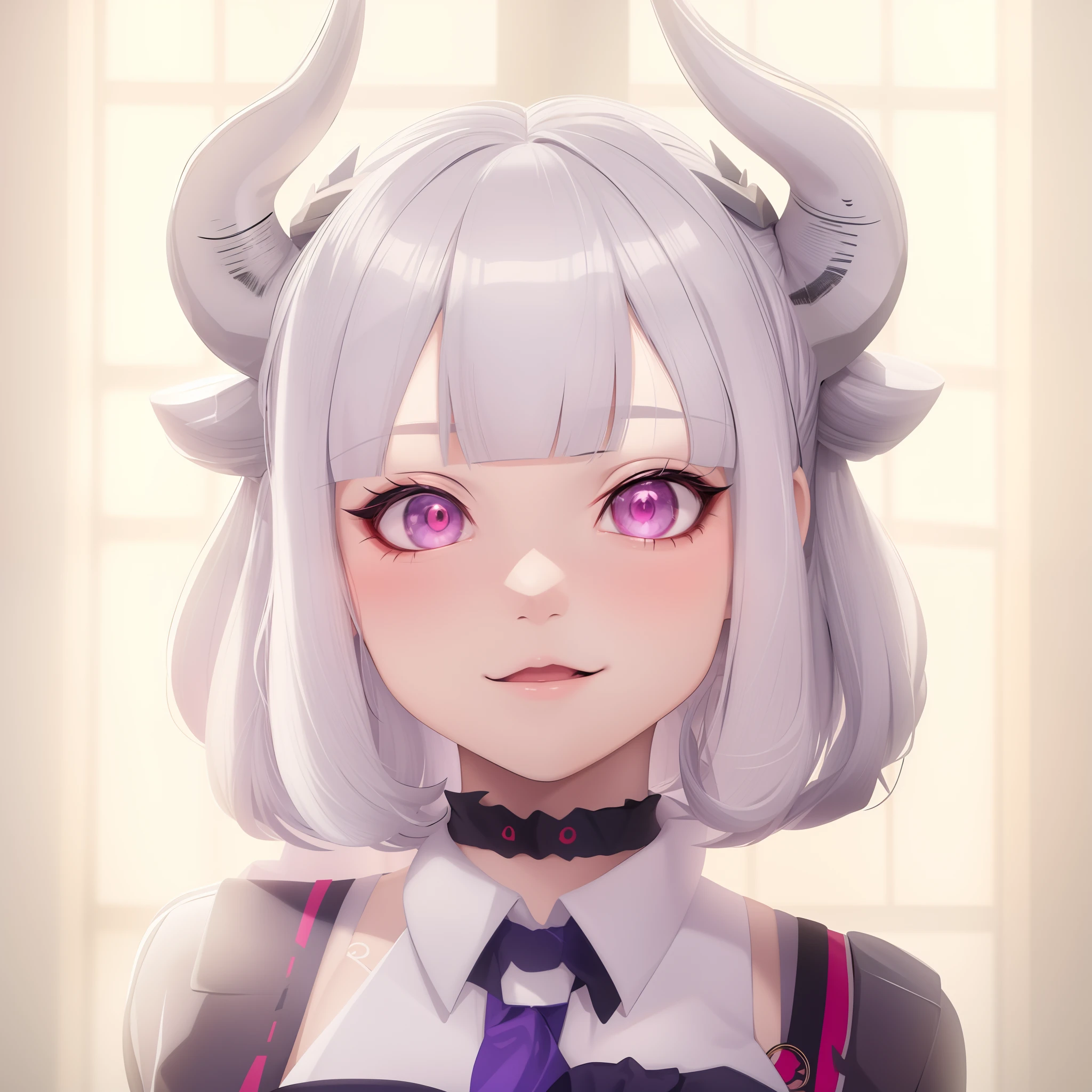 There is a doll with horns on her head and a tie, portrait of demon girl, menina anime demon, mika kurai demon, com chifres, Demon girl, anime hiper realista, white horns queen demon, Estilo anime 3D realista, photorealistic anime girl rendering, 3 d anime realista, eles chifres, chifres bonitos, render de abril, Menina anime na vida real