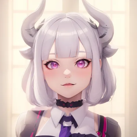 There is a doll with horns on her head and a tie, portrait of demon girl, menina anime demon, mika kurai demon, com chifres, Dem...