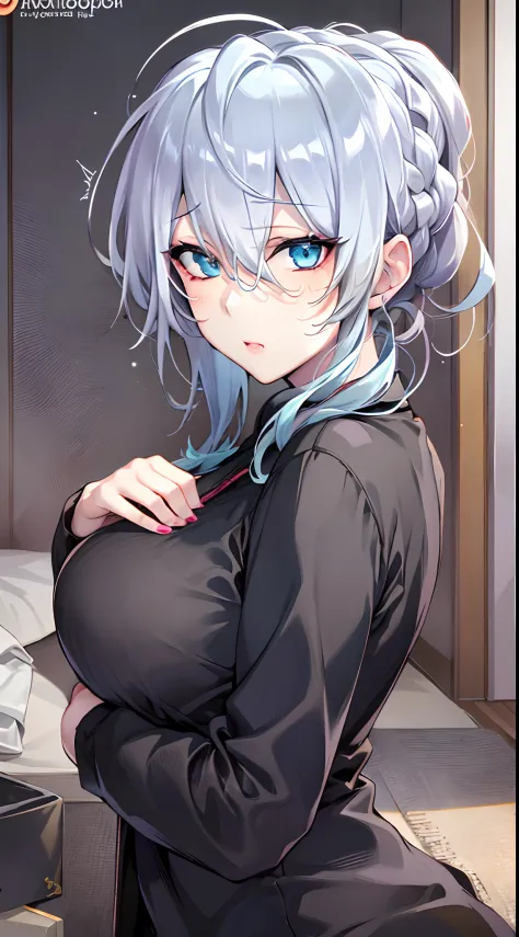 Yukino, in bed, silver hair and  blue eyes, short hair, black shirt and no bra, anime visual of a cute girl, screenshot from the...