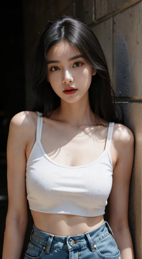Girl posing for photo in white bra and tight black denim，The upper part of the body，With a cropped T-shirt、Bras and streetwear，Slim body，Oversized bust，Slim girl model，24 years old female model，
