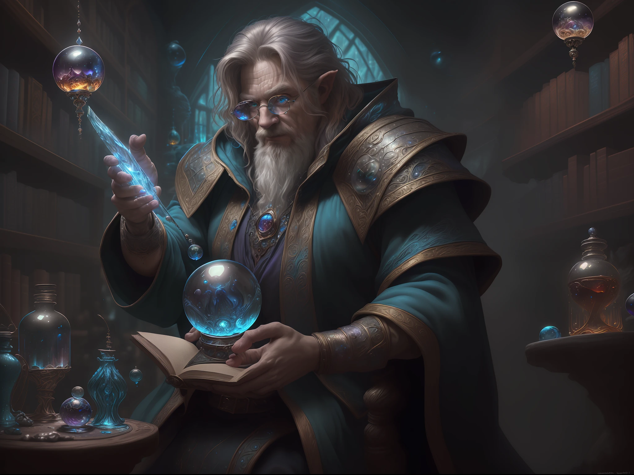 high details, best quality, 8k, [ultra detailed], masterpiece, best quality, (extremely detailed), dynamic angle, ultra wide shot, photorealistic, RAW, fantasy art, dnd art, fantasy art, realistic art, a wide angle landscape view wallpaper of a wizard (intense details, Masterpiece, best quality: 1.5) looking into his crystal ball (intense details, Masterpiece, best quality: 1.5), casting a spell in his magical laboratory, human male wizard, fantasy wizard (intense details, Masterpiece, best quality: 1.5), D&D wizard, middle aged man (intense details, Masterpiece, best quality: 1.5), dynamic hair, dynamic eyes, wearing magical robe (intense details, Masterpiece, best quality: 1.5), dynamic colors, ultra detailed face (intense details, Masterpiece, best quality: 1.5), manipulating blue magical energy, in his laboratory (intense details, Masterpiece, best quality: 1.5), many magical tomes, magical library (intense details, Masterpiece, best quality: 1.5),  many magical vials, ultra wide angle from a medium distance,