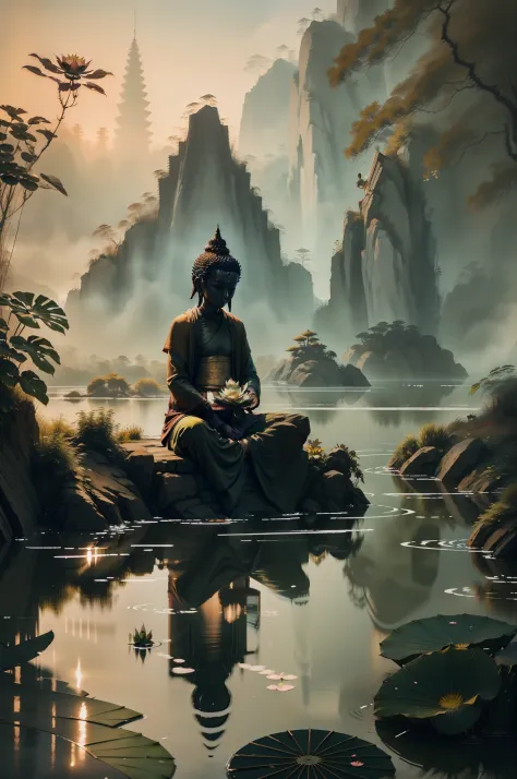 photo buddhist meditates in tranquil pond surrounded by lotus generative ai