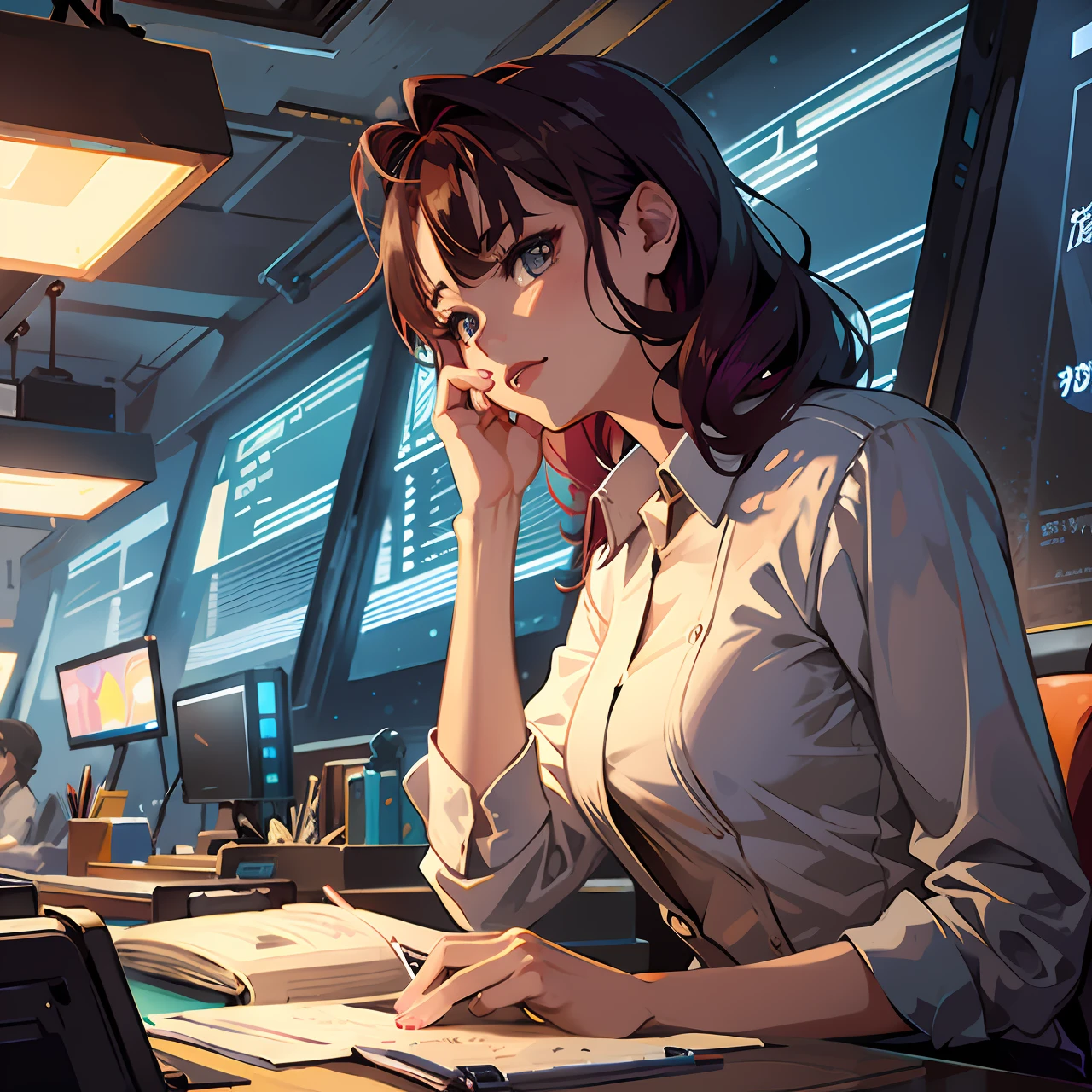 Anime-Mädchen sitzt an einem Schreibtisch mit einem Laptop und einem Notebook, Digitale Anime-Illustration, Lofi-Porträt, digital cyberpunk anime art, Anime-Moe-Kunststil, detailed digitale Anime-Kunst, marin kitagawa fanart, gemalt im Anime-Malerstudio, Kantai-Kollektionsstil, Makoto Shinkai ( Apex-Legenden ), digitale Anime-Kunst, cyberpunk anime art, anime cyberpunk art