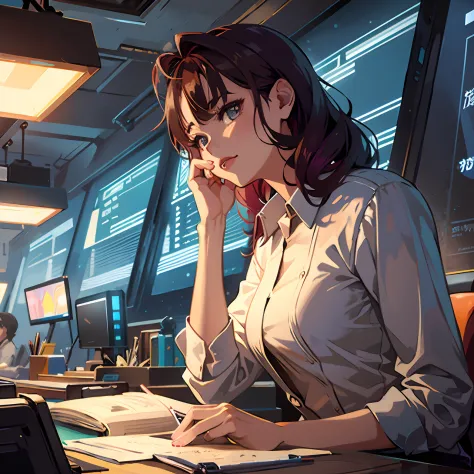 anime girl sitting at a desk with a laptop and a notebook, digital anime illustration, lofi portrait, digital cyberpunk anime ar...