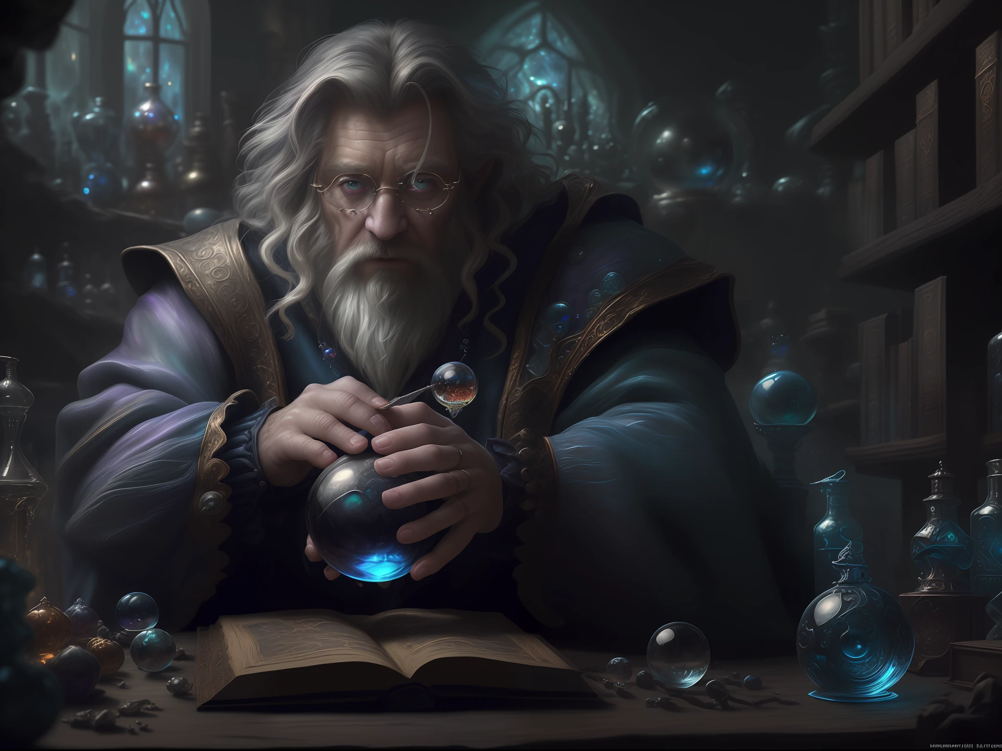 high details, best quality, 8k, [ultra detailed], masterpiece, best quality, (extremely detailed), dynamic angle, ultra wide shot, photorealistic, RAW, fantasy art, dnd art, fantasy art, realistic art, a wide angle landscape view wallpaper of a wizard (intense details, Masterpiece, best quality: 1.5) looking into his crystal ball (intense details, Masterpiece, best quality: 1.5), casting a spell in his magical laboratory, human male wizard, fantasy wizard (intense details, Masterpiece, best quality: 1.5), D&D wizard, middle aged man (intense details, Masterpiece, best quality: 1.5), dynamic hair, dynamic eyes, wearing magical robe (intense details, Masterpiece, best quality: 1.5), dynamic colors, ultra detailed face (intense details, Masterpiece, best quality: 1.5), manipulating blue magical energy, in his laboratory (intense details, Masterpiece, best quality: 1.5), many magical tomes, magical library (intense details, Masterpiece, best quality: 1.5),  many magical vials, ultra wide angle from a medium distance,