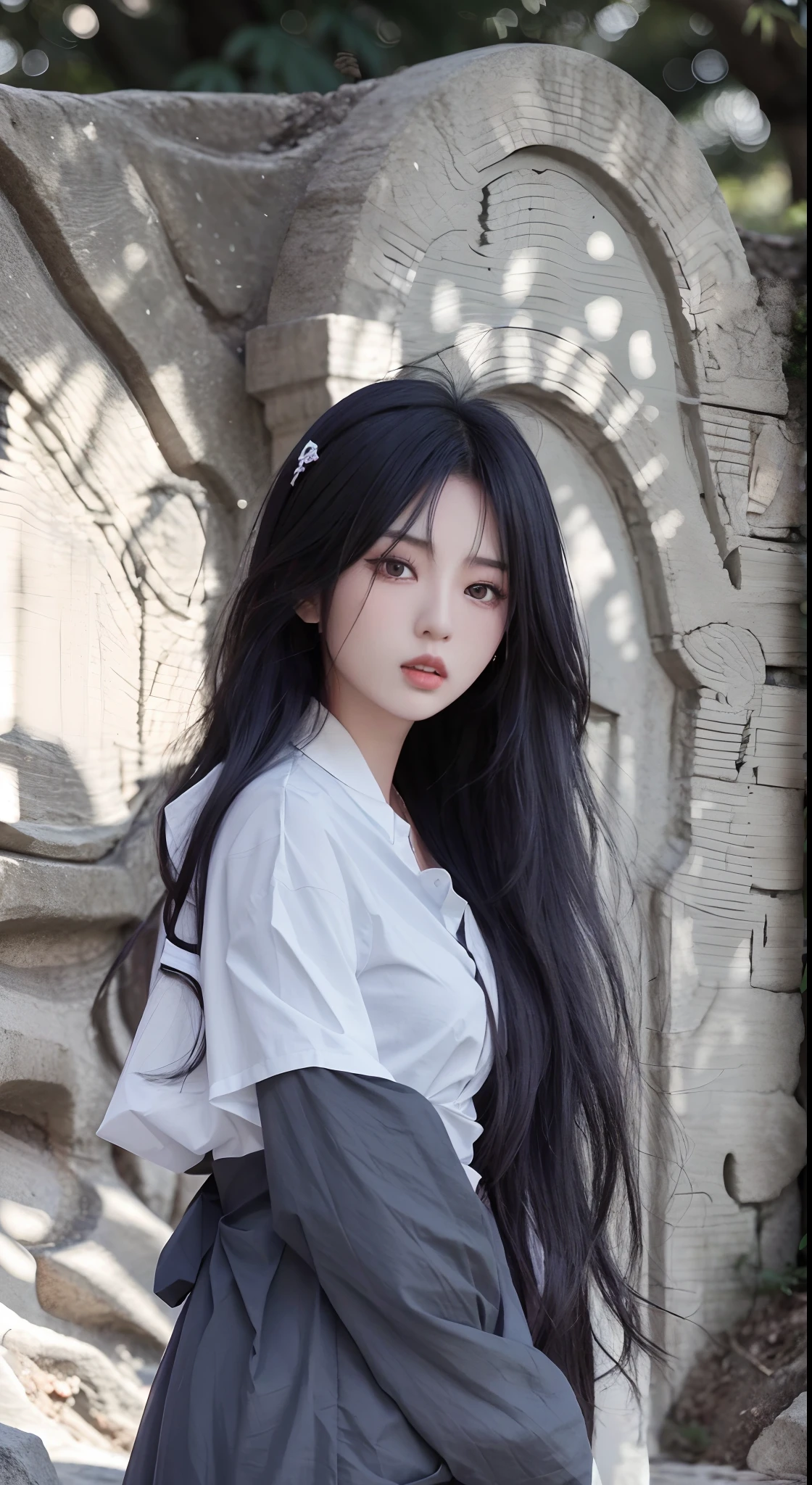 A close up of a woman with long black hair wearing a white shirt - SeaArt AI