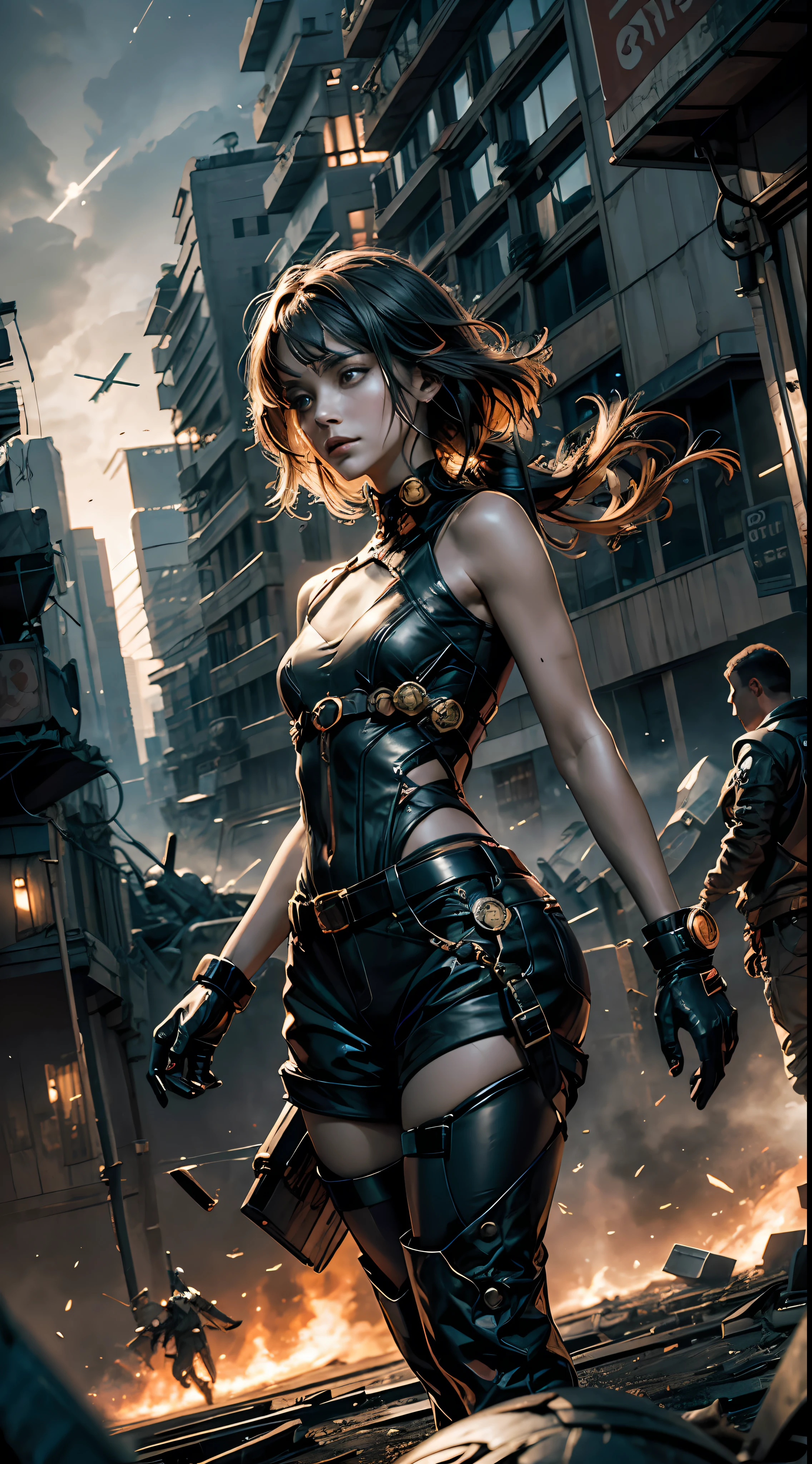 A mysterious woman emerges in a dystopian and confusing setting. Her body is made up of watch guest parts, merging perfectly with her skin. Each gear rotates continuously, creating a constant mechanical motion. It is surrounded by a chaotic landscape, with collapsed buildings, streets littered with debris and a soaring sky. The expression on his face is enigmatic, reflecting the duality between humanity and technology.