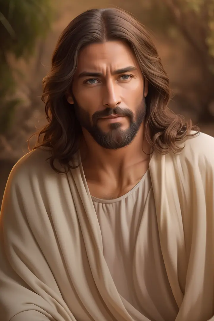 Gere uma imagem de Jesus estilo realista, The paradise of celestial background , olhando para frente .com longos cabelos castanh...