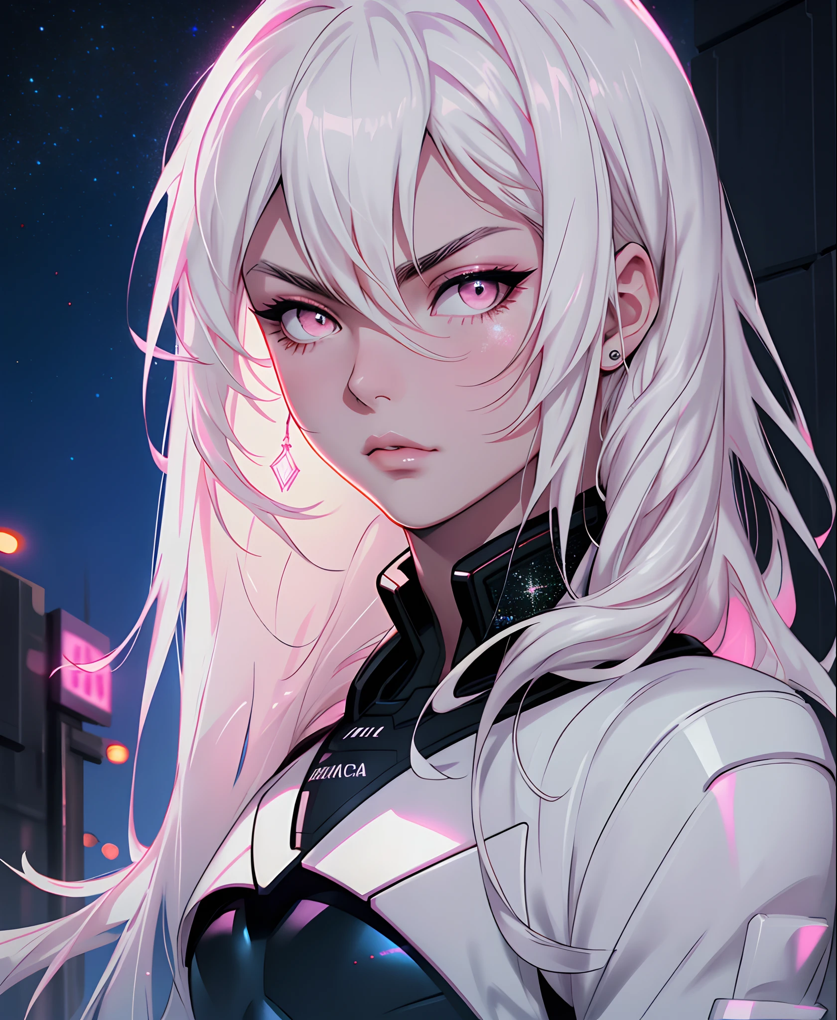 masterpiece, highest quality, (solo focus), (perfect face:1.1), (high detail:1.1), dramatic, 1guy, (pale skin), long white hair, white eyes, [light eyebrows], solo, long hair, moon, night, white luxury suit, covered navel, pouty lips, covered, futuristic city, detailed background, art by artgerm, cinematic lighting, white and pink tetradic colors, cinematic lighting, roses,  balenciaga, glitter