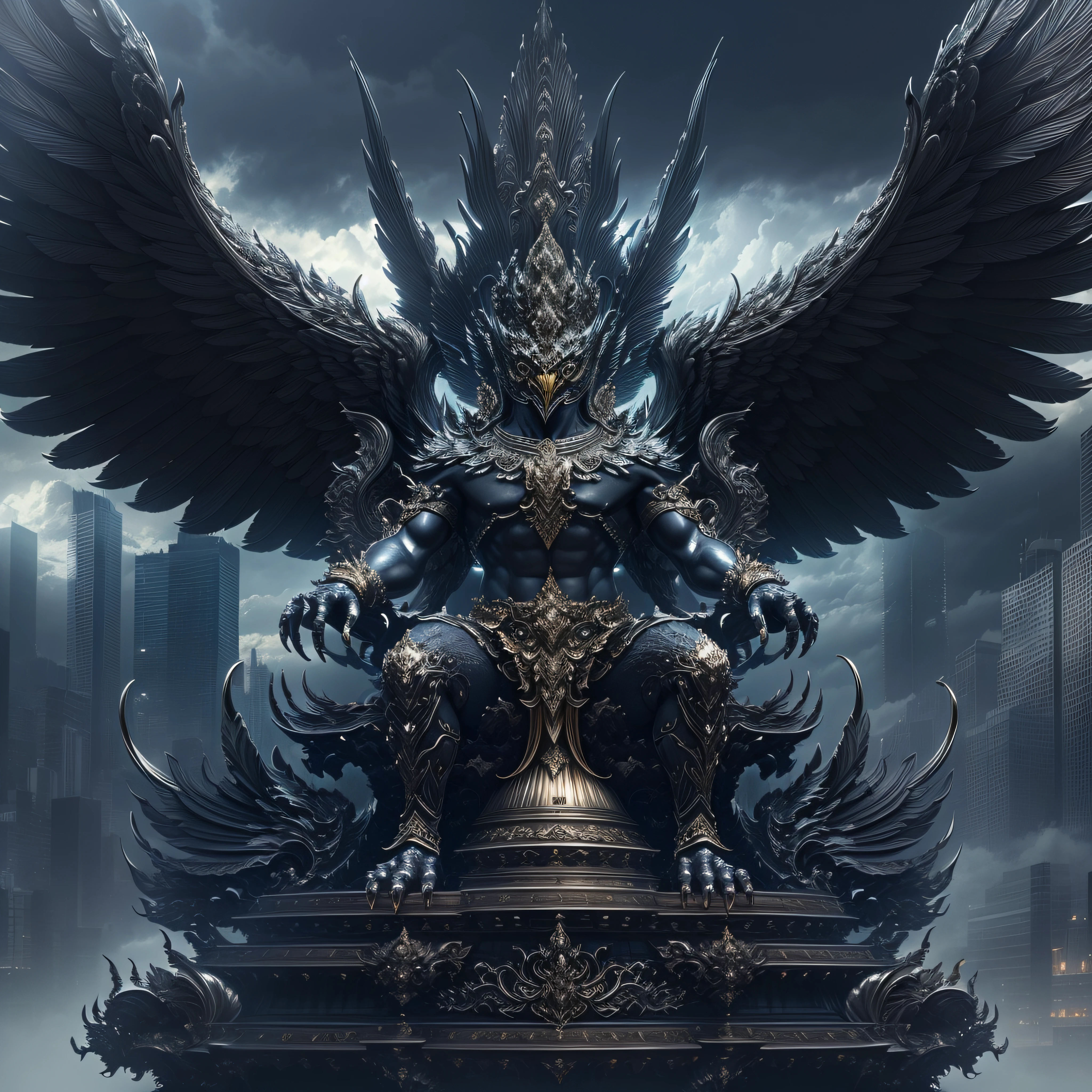 masterpiece,highly detail(Metalic Black,Reflect,:1.3)phayakrut king garuda{best quality},, super huge GARUDA solo, very detail, city,tower,building,highway, clouds and mist,
(extremely detail CG unity 8k wallpaper:1.1)(masterpiece),(best quality:1.1),realistic,style of master anime,perfect perspective,intricate detail