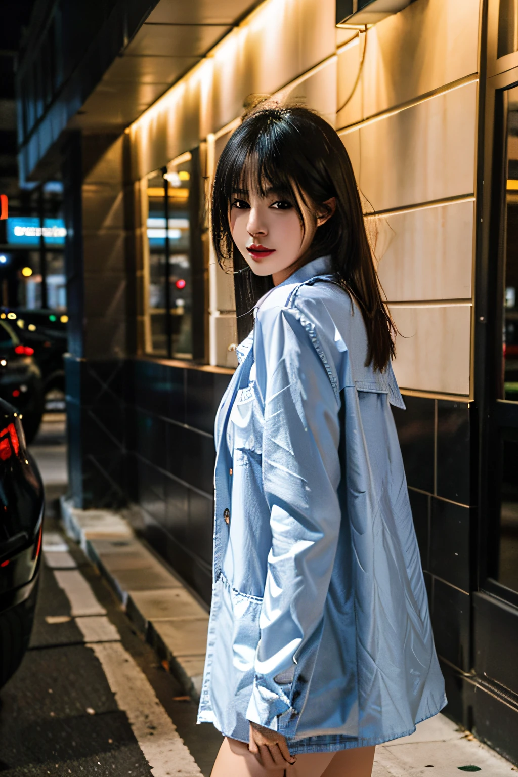 (8k, RAW photo, best quality, masterpiece:1.2), yjnn, 1girl, 3d, black hair, building, city, coat, looking at viewer,  realistic, shirt, solo,(realistic, photo realistic:1),