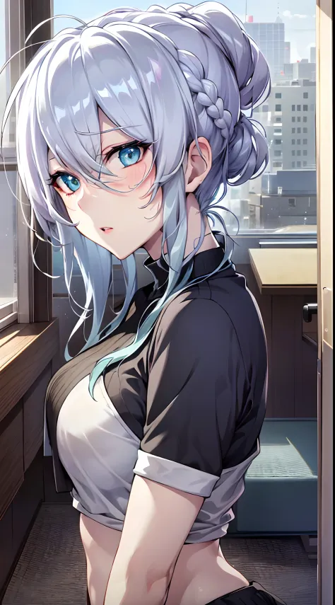 Yukino in school, silver hair, short hair, white shirt and no bra, anime visual of a cute girl, screenshot from the anime film, ...