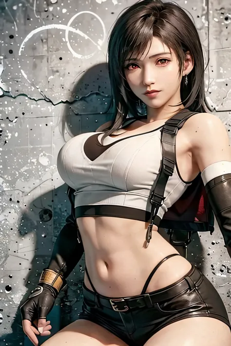 (​masterpiece), (top-quality), 8K分辨率, ultra-detailliert, ultra-detailliert, realisitic, a picture, photorealisim, (1girl), tifa, Final Fantasy VII, Tifa Lockhart, concrete wall,metal pipes,Details red eyes,Detailed double eyelids,Short Hair Dark Brown Colo...