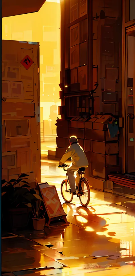 (8K, Best quality, Masterpiece:1.2), (Illustration style，Clean picture），There was a man riding his bike on a street in the sun, ...