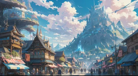 depict a scene of crowded market full of fantasy creature in the middle of small town in fantasy world where silloutte of snowy ...