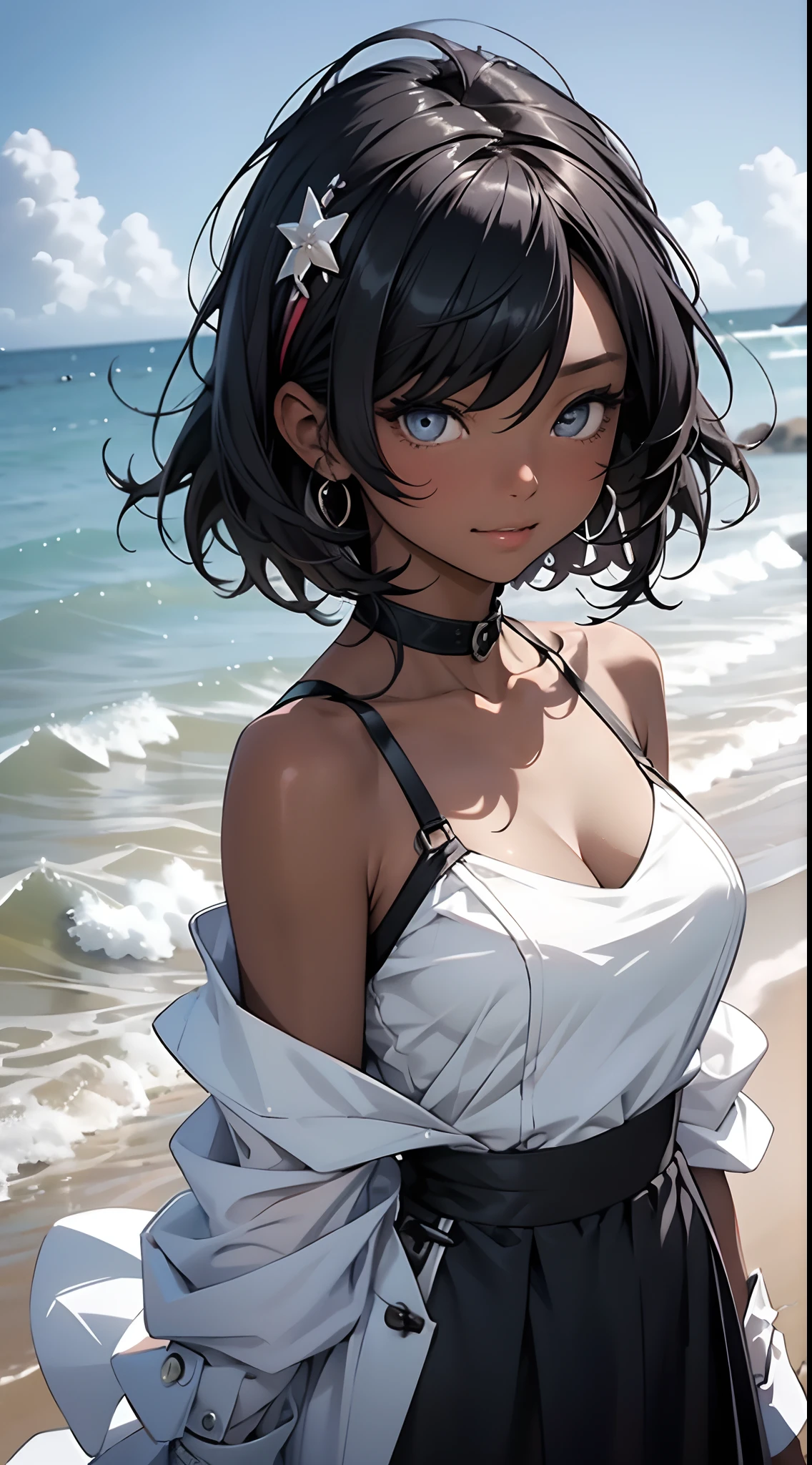 tmasterpiece， Best quality at best， beautidful eyes，Black skin， 1girll， solo，camisole，cleavage，（The shoulder straps slip off：1.5）， with short white hair，Off-the-shoulder attire，Insufficient tailoring， Hair is more than one eye，sea beach，The skin is translucent，Close-up shot，ssmile，looks into camera，Close up