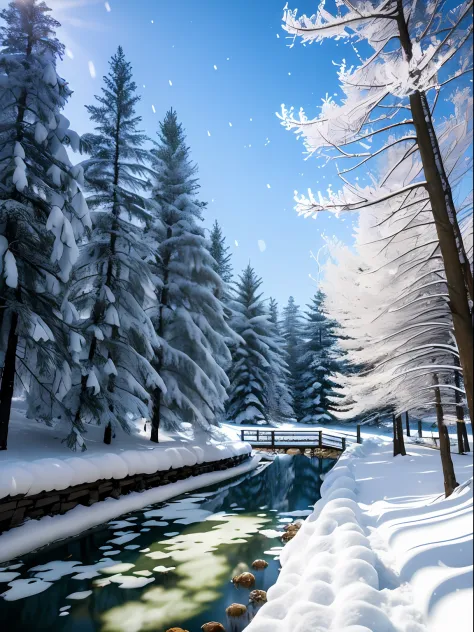 tmasterpiece，Best quality at best，high qulity，非常详细的 CG 统一 8k 壁纸，Antique beauty，coniferous forest，stillness，towering conifers covered with forest floor，Cold climate，Snowflakes are all over the ground，Peaceful beauty，Yuki，Snowy scenery in winter，mild summer，...